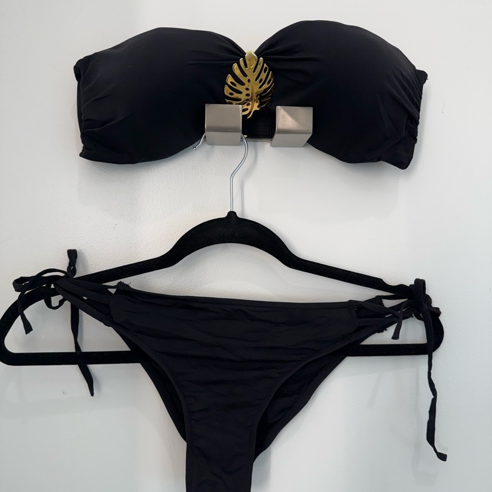 Black Bandeau Tie-Side Bikini Set with Gold Leaf Accent - Women Swim